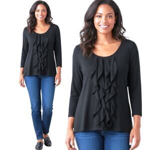 Talbots Women's Plus 1X Black Scoop-Neck‎ Ruffles 3/4 Sleeves Top Tunic Comfort